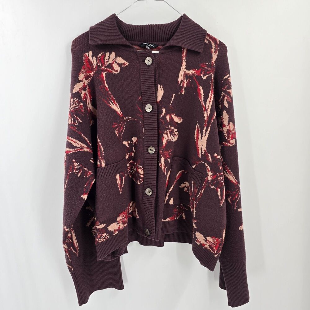 Misook Cardigan Knit Sweater XL Statement Jacquard Knit Jacket Dark Floral Fall